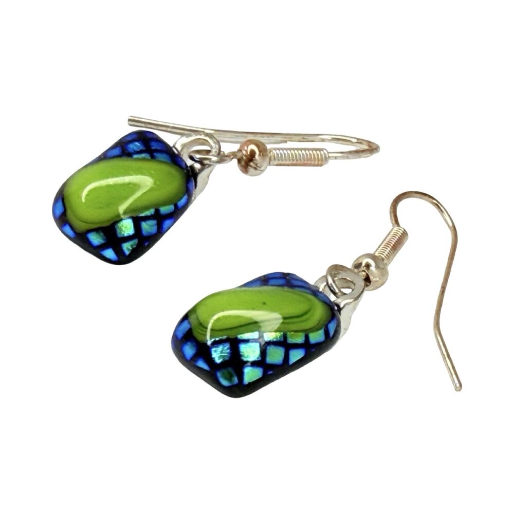 Artesian Dichroic Glass Dangle Earrings 1" Green & Blue Unique Murano Style - Picture 9 of 13